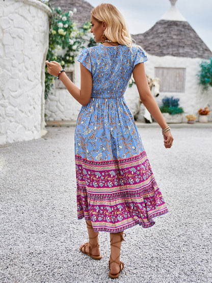 Boho Dresses-Boho A-Line Floral Midi Dress with Short Sleeves & Smocked Bodice-Pekosa Women Clothing