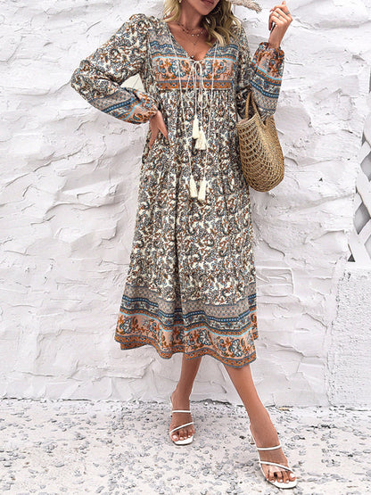 Boho Dresses- Boho Floral Print V-Neck Tunic Midi Dress with Long Sleeves- - IndioGear Fashion and Gear