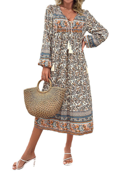 Boho Dresses- Boho Floral Print V-Neck Tunic Midi Dress with Long Sleeves- - IndioGear Fashion and Gear