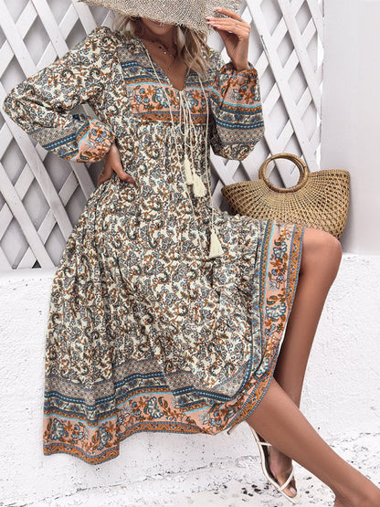 Boho Dresses- Boho Floral Print V-Neck Tunic Midi Dress with Long Sleeves- Cream- IndioGear Fashion and Gear