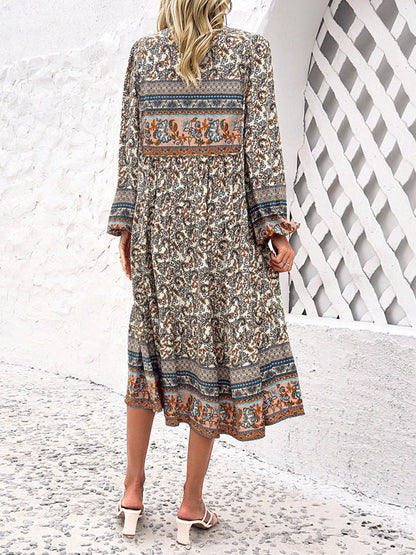 Boho Dresses- Boho Floral Print V-Neck Tunic Midi Dress with Long Sleeves- - IndioGear Fashion and Gear