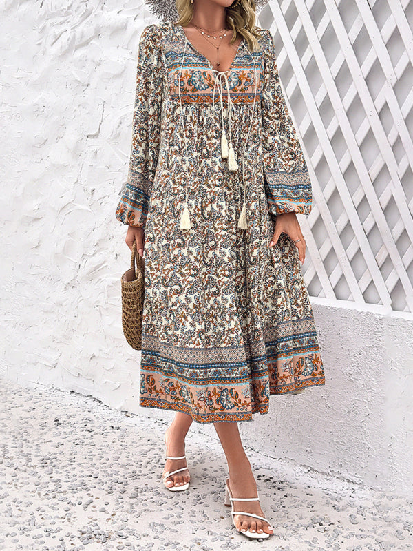 Boho Dresses- Boho Floral Print V-Neck Tunic Midi Dress with Long Sleeves- - IndioGear Fashion and Gear