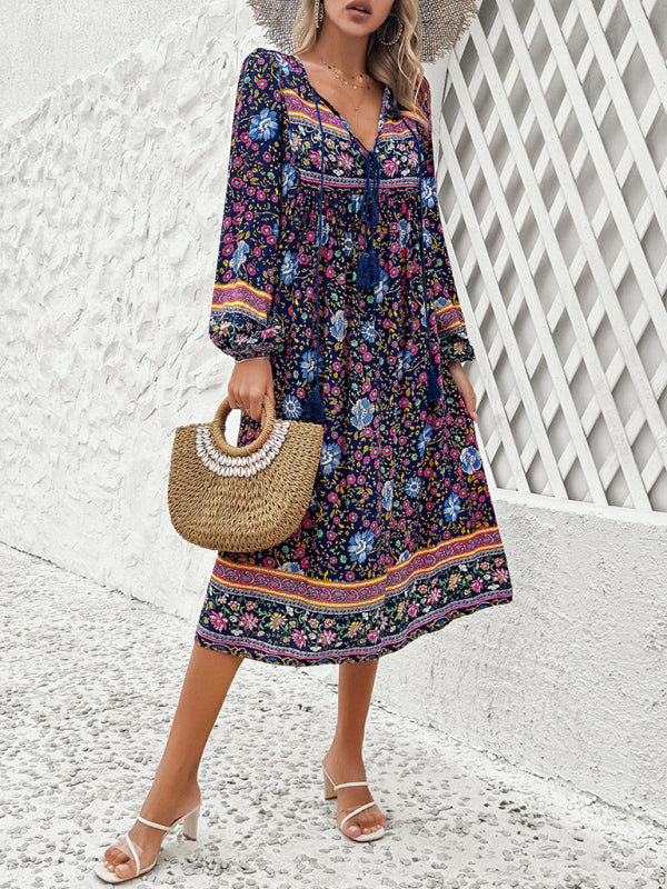 Boho Dresses- Boho Floral V-Neck Tunic Midi Dress with Lantern Sleeves- - IndioGear Fashion and Gear