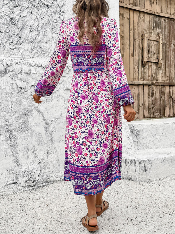 Boho Dresses- Boho Floral V-Neck Tunic Midi Dress with Lantern Sleeves- - IndioGear Fashion and Gear