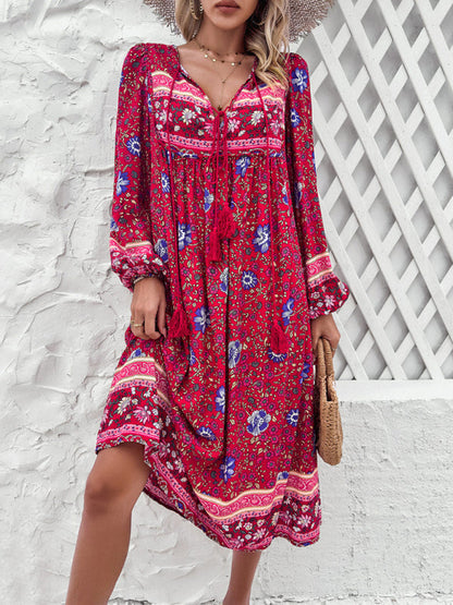 Boho Dresses- Boho Floral V-Neck Tunic Midi Dress with Lantern Sleeves- - IndioGear Fashion and Gear