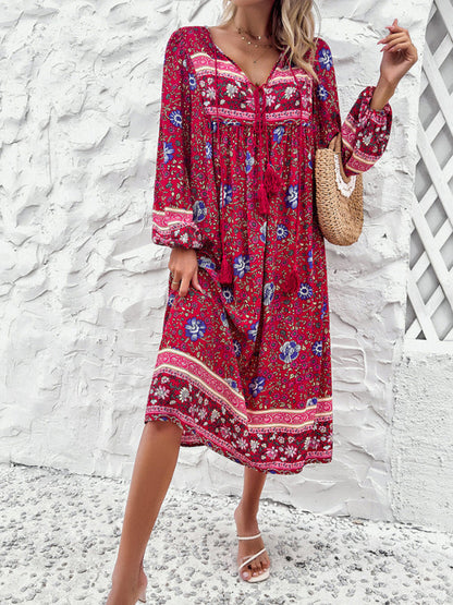 Boho Dresses- Boho Floral V-Neck Tunic Midi Dress with Lantern Sleeves- - IndioGear Fashion and Gear