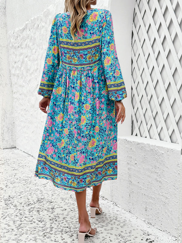 Boho Dresses- Boho Floral V-Neck Tunic Midi Dress with Lantern Sleeves- - IndioGear Fashion and Gear