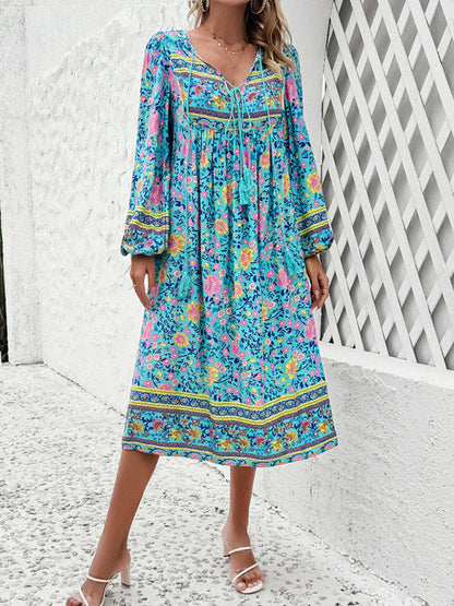 Boho Dresses- Boho Floral V-Neck Tunic Midi Dress with Lantern Sleeves- - IndioGear Fashion and Gear