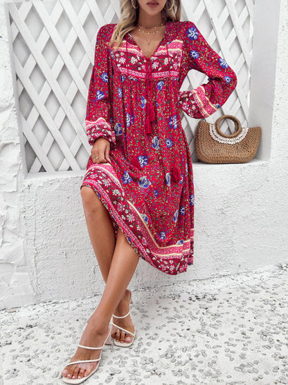 Boho Dresses- Boho Floral V-Neck Tunic Midi Dress with Lantern Sleeves- - IndioGear Fashion and Gear