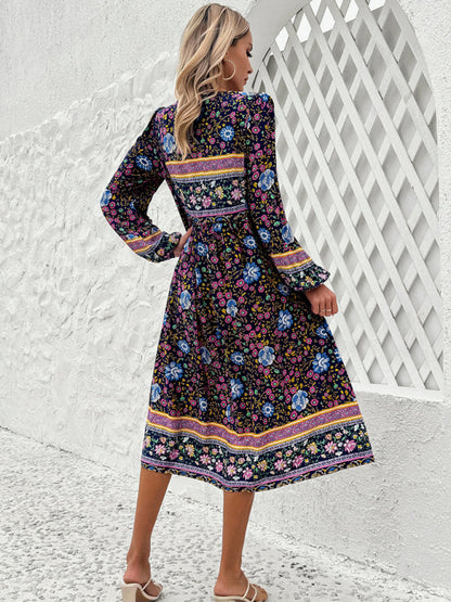 Boho Dresses- Boho Floral V-Neck Tunic Midi Dress with Lantern Sleeves- - IndioGear Fashion and Gear