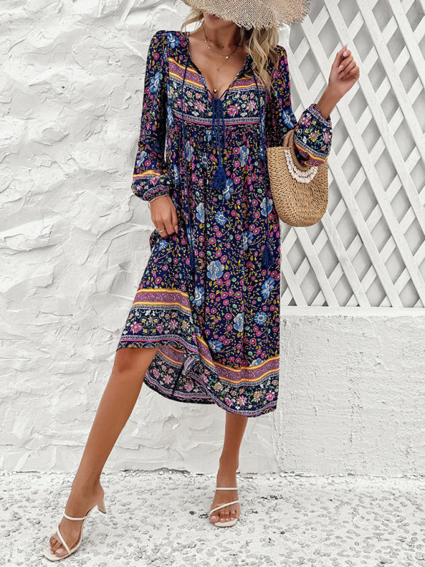 Boho Dresses- Boho Floral V-Neck Tunic Midi Dress with Lantern Sleeves- - IndioGear Fashion and Gear