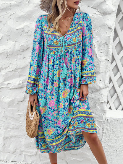 Boho Dresses- Boho Floral V-Neck Tunic Midi Dress with Lantern Sleeves- Blue- IndioGear Fashion and Gear