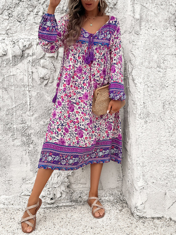 Boho Dresses- Boho Floral V-Neck Tunic Midi Dress with Lantern Sleeves- Purple- IndioGear Fashion and Gear