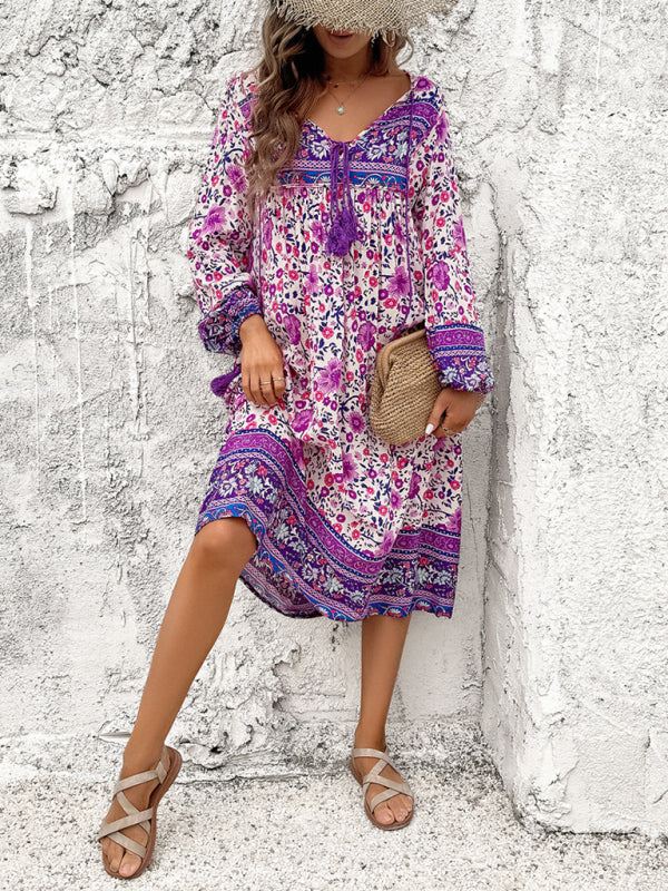 Boho Dresses- Boho Floral V-Neck Tunic Midi Dress with Lantern Sleeves- - IndioGear Fashion and Gear