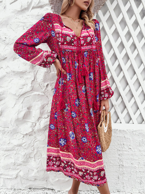 Boho Dresses- Boho Floral V-Neck Tunic Midi Dress with Lantern Sleeves- - IndioGear Fashion and Gear