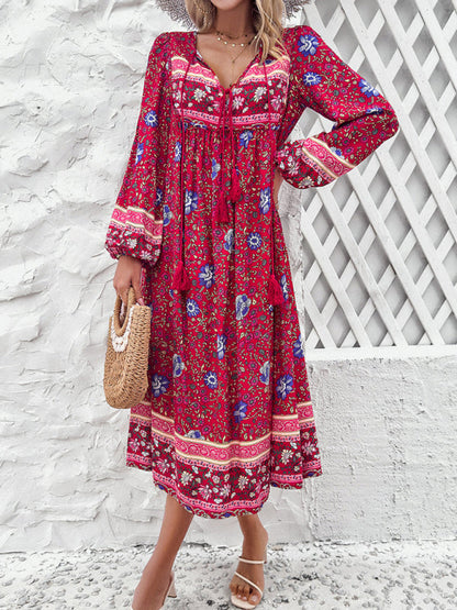 Boho Dresses- Boho Floral V-Neck Tunic Midi Dress with Lantern Sleeves- Red- IndioGear Fashion and Gear