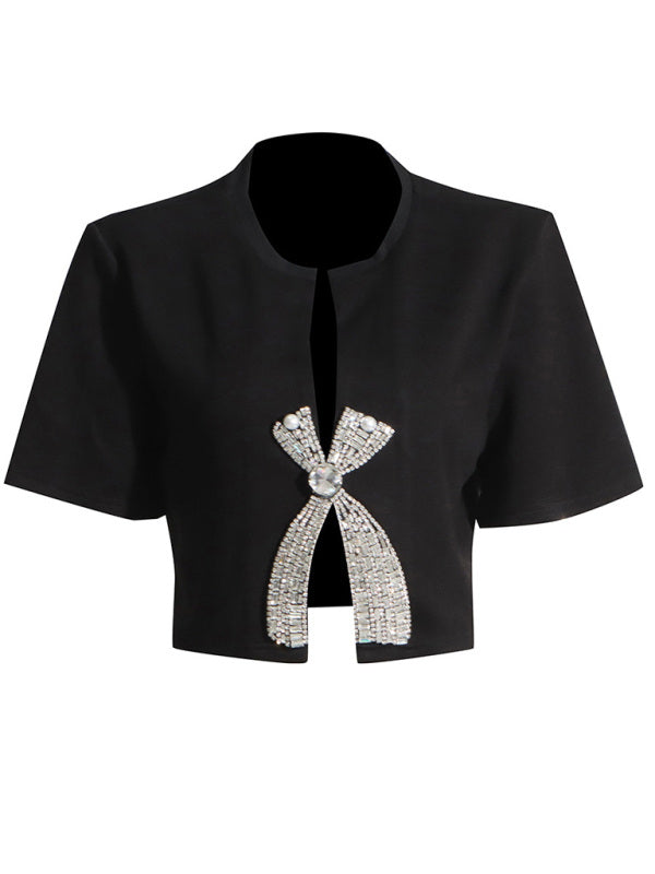 Boleros- Sparkle Beaded Bow Crop Top Shrug - Bolero with Short Sleeves- - IndioGear Fashion and Gear