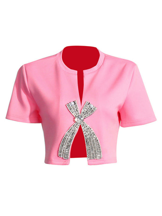 Boleros- Sparkle Beaded Bow Crop Top Shrug - Bolero with Short Sleeves- Pink- IndioGear Fashion and Gear