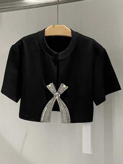 Boleros- Sparkle Beaded Bow Crop Top Shrug - Bolero with Short Sleeves- Black- IndioGear Fashion and Gear