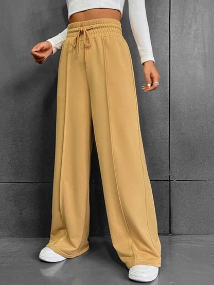 Bottoms- Solid Wide-Leg Pants - Wide Waistband High-Rise Trousers- - IndioGear Fashion and Gear