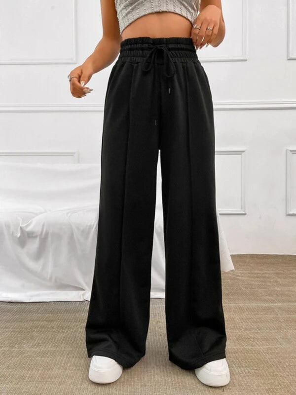 Bottoms- Solid Wide-Leg Pants - Wide Waistband High-Rise Trousers- Black- IndioGear Fashion and Gear