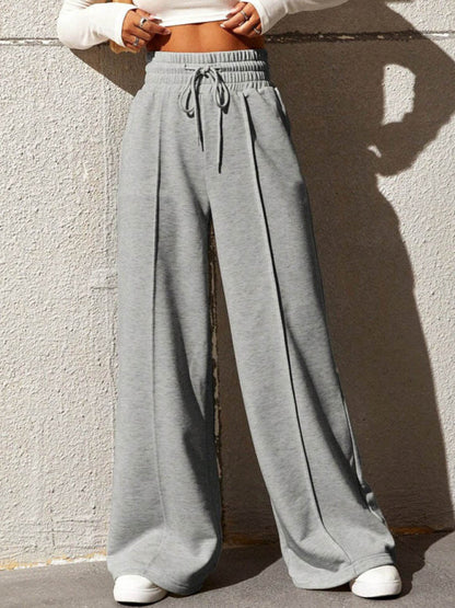 Bottoms- Solid Wide-Leg Pants - Wide Waistband High-Rise Trousers- Grey- IndioGear Fashion and Gear