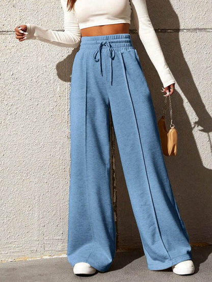 Bottoms- Solid Wide-Leg Pants - Wide Waistband High-Rise Trousers- Sky blue azure- IndioGear Fashion and Gear