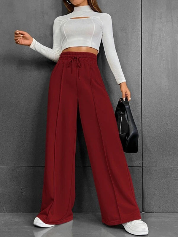 Bottoms- Solid Wide-Leg Pants - Wide Waistband High-Rise Trousers- Wine Red- IndioGear Fashion and Gear