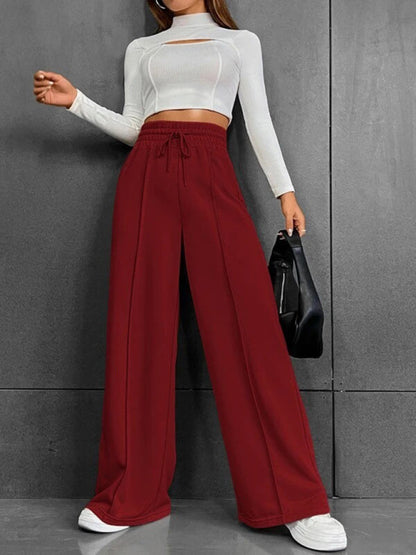 Bottoms- Solid Wide-Leg Pants - Wide Waistband High-Rise Trousers- Wine Red- IndioGear Fashion and Gear