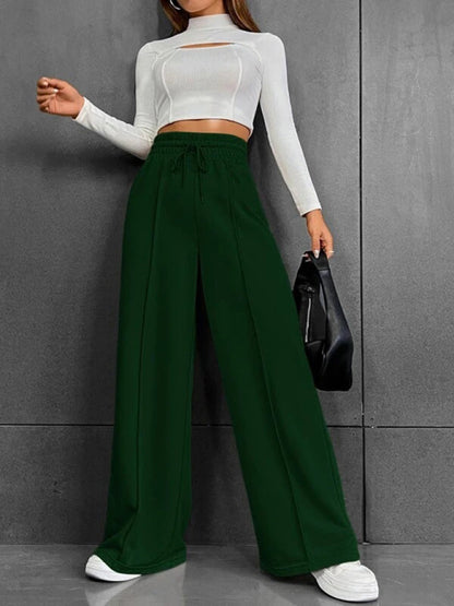 Bottoms- Solid Wide-Leg Pants - Wide Waistband High-Rise Trousers- Green black jasper- IndioGear Fashion and Gear