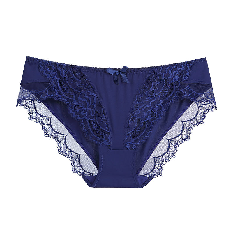 Briefs- Women's Floral Lace Low-Waist Panty Briefs- Purplish blue navy- IndioGear Fashion and Gear