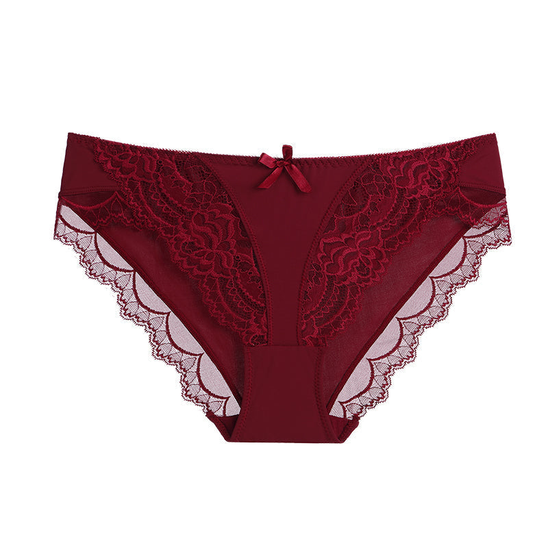 Briefs- Women's Floral Lace Low-Waist Panty Briefs- Wine Red- IndioGear Fashion and Gear