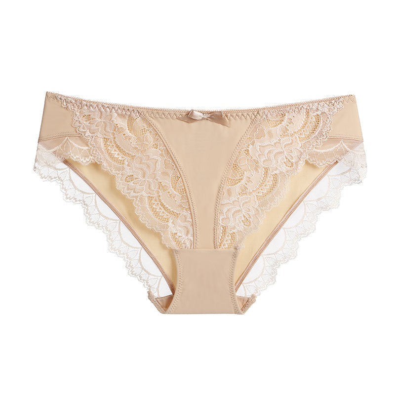 Briefs- Women's Floral Lace Low-Waist Panty Briefs- Nude- IndioGear Fashion and Gear