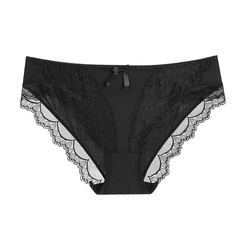 Briefs- Women's Floral Lace Low-Waist Panty Briefs- Black- IndioGear Fashion and Gear