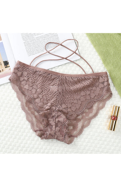 Briefs- Women's Floral Lace Low Waist Strappy Briefs - Panties- Coffee- IndioGear Fashion and Gear