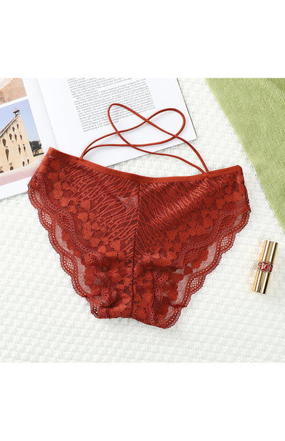 Briefs- Women's Floral Lace Low Waist Strappy Briefs - Panties- Wine Red- IndioGear Fashion and Gear