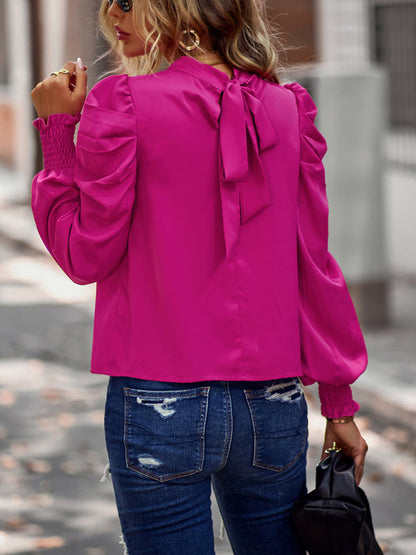 Business Casual Blouses- High Collar Blouse with Puff Sleeves- - IndioGear Clothing and Gear