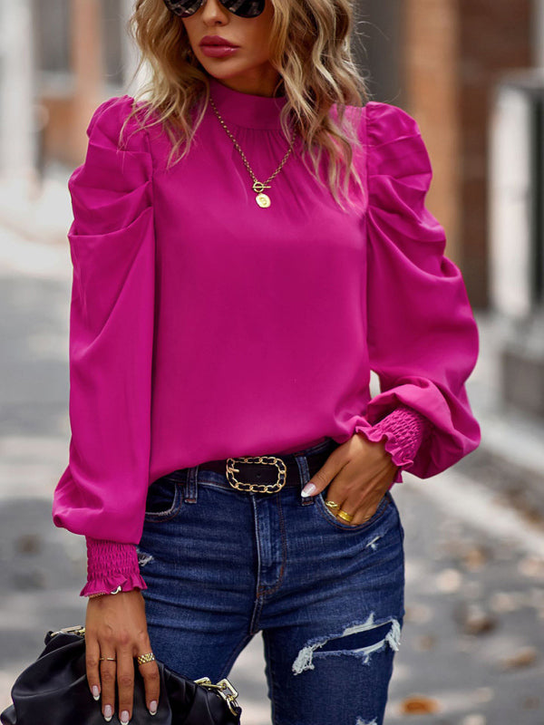 Business Casual Blouses- High Collar Blouse with Puff Sleeves- - IndioGear Clothing and Gear