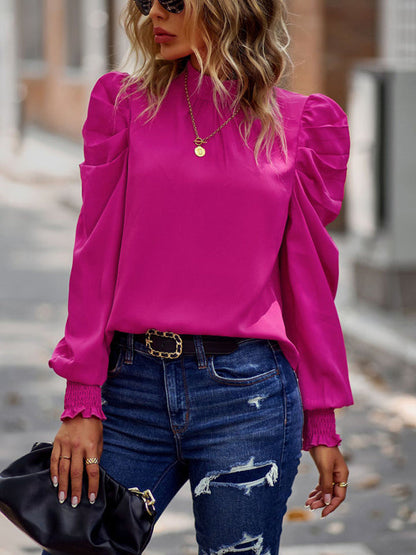 Business Casual Blouses- High Collar Blouse with Puff Sleeves- Rose Red- IndioGear Clothing and Gear