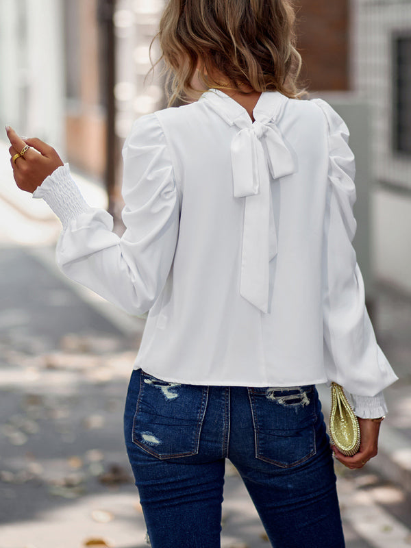 Business Casual Blouses- High Collar Blouse with Puff Sleeves- - IndioGear Clothing and Gear