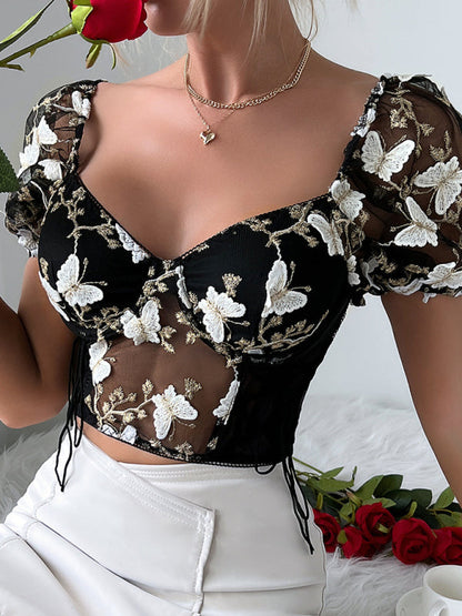 Bustier Blouse- Butterfly Embroidered Mesh Puff Sleeve Top - Underwire and Lace-Up Blouse- Black- IndioGear Fashion and Gear