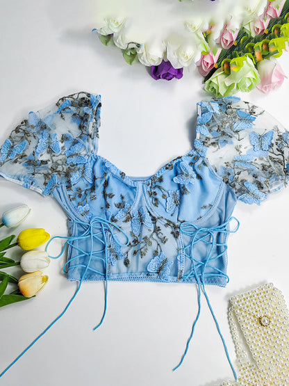 Bustier Blouse- Butterfly Embroidered Mesh Puff Sleeve Top - Underwire and Lace-Up Blouse- - IndioGear Fashion and Gear