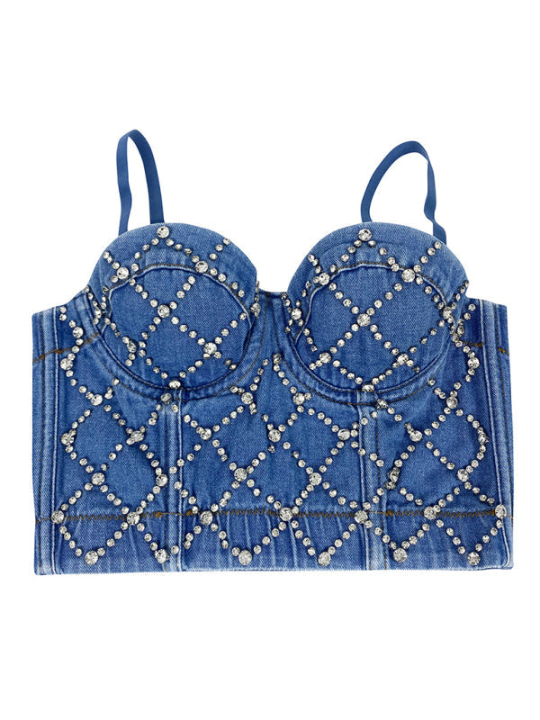 Bustier Top-Festive Sparkle Disco Cami Top | Beaded Denim Bustier-Pekosa Women Clothing