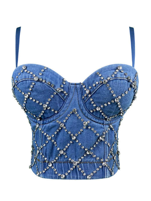 Bustier Top-Festive Sparkle Disco Cami Top | Beaded Denim Bustier-Pekosa Women Clothing