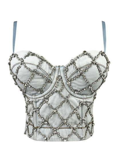 Bustier Top-Festive Sparkle Disco Cami Top | Beaded Denim Bustier-Pekosa Women Clothing