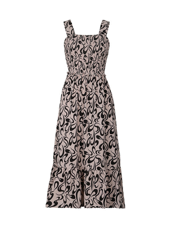 Cami Dresses- A-Line Cami Midi Dress in Geo Print with Smocked Bodice- Chuzko Women Clothing