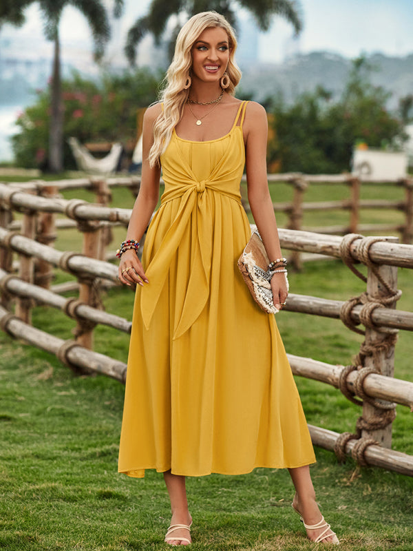 Cami Dresses- Elegant Summer Solid A-Line Cami Knot Midi Dress- - IndioGear Fashion and Gear