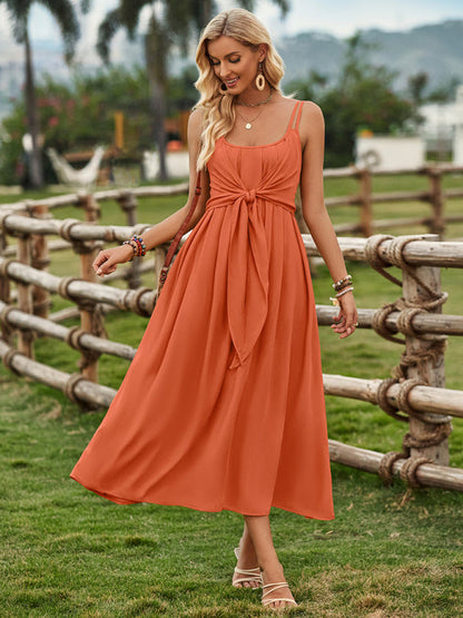 Cami Dresses- Elegant Summer Solid A-Line Cami Knot Midi Dress- - IndioGear Fashion and Gear