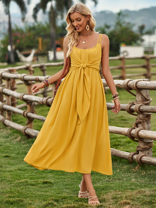 Cami Dresses- Elegant Summer Solid A-Line Cami Knot Midi Dress- - IndioGear Fashion and Gear