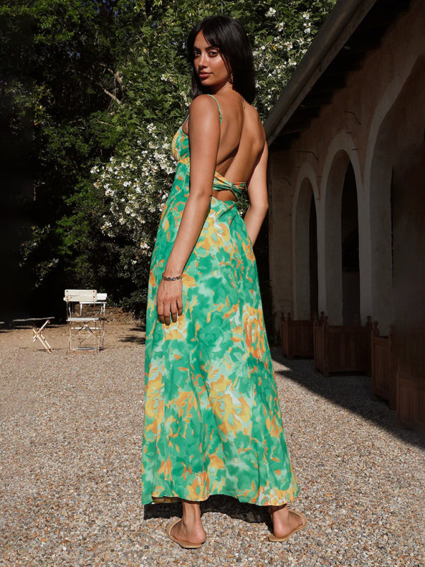 Robe longue caraco florale dos nu pour Garden Party